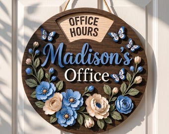 Personalized Office Status Spinner Sign, Custom Floral Door Sign, Rotating Office Hours Plaque, Wooden Office Decor