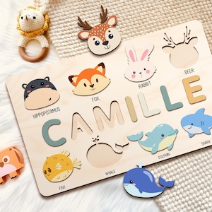 Toddler Custom Name Puzzle with Animals, Custom Handmade Birthday Gift for Kids, Christmas Gifts for Baby, Special New Baby Gift, Wood Toy
