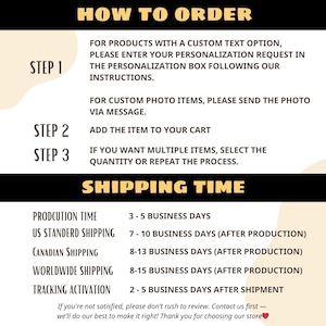 May include: A black and gold graphic with instructions on how to order, including steps for personalization and adding items to a cart. It also details production and shipping times for various destinations, such as the US, Canada, and worldwide.