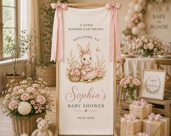 Custom Bunny Baby Shower Welcome Sign, Personalized Rabbit Fabric Banner, A Little Sprout Is On The Way Decor, Neutral Party Backdrop