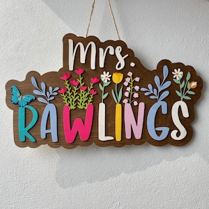 Letrero para puerta de maestro con diseño floral 3D personalizado, colgador para puerta de aula, obsequios de agradecimiento para maestros, letrero de regreso a la escuela, letrero para puerta con nombre de bienvenida