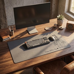 Peut inclure: Un tapis de bureau rectangulaire gris avec un clavier, une souris et un dessin d'une personne portant un enfant. Le texte "Happy father's day" est imprim&eacute; sur le tapis. Un &eacute;cran d'ordinateur, un carnet et une plante succulente sont &eacute;galement sur le bureau en bois.