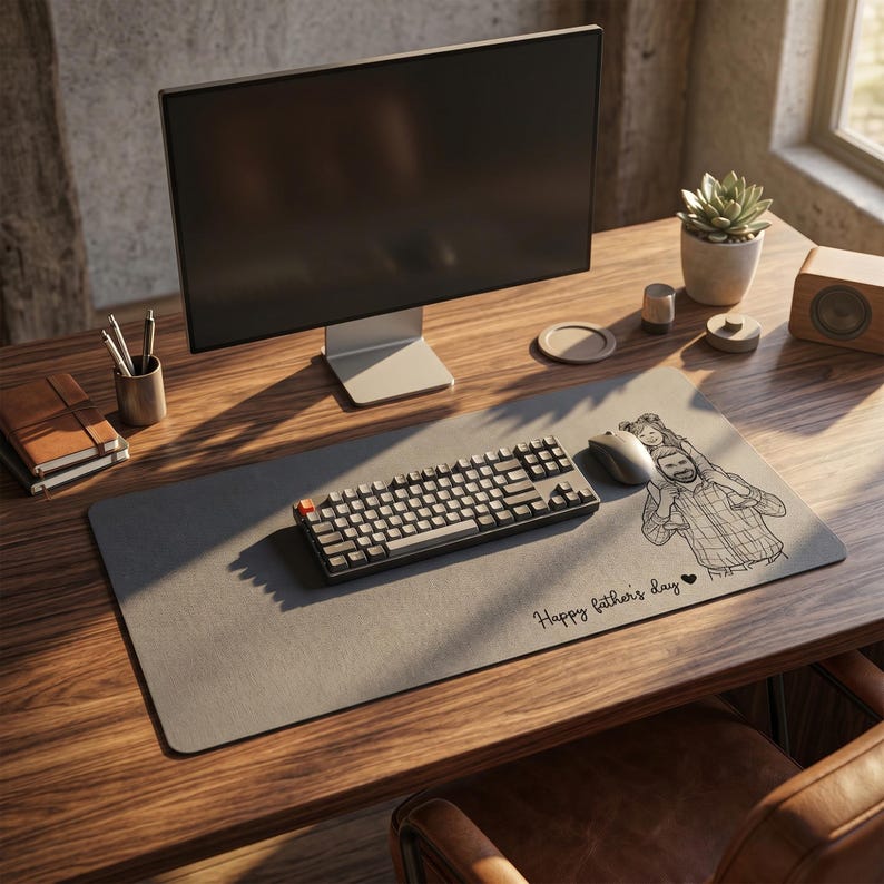 Peut inclure: Un tapis de bureau rectangulaire gris avec un clavier, une souris et un dessin d'une personne portant un enfant. Le texte "Happy father's day" est imprim&eacute; sur le tapis. Un &eacute;cran d'ordinateur, un carnet et une plante succulente sont &eacute;galement sur le bureau en bois.
