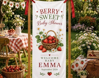 Personalized Berry Sweet Baby Shower Backdrop, Custom Welcome Sign, Strawberry Fabric Banner, Baby Shower Party Decor Supplies