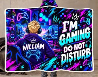 Personalized Gamer Hooded Blanket, I'm Gaming Do Not Disturb Wearable Blanket, Custom Name Video Game Lover Gift for Boys & Girls
