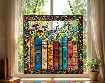 Stained Glass Book Suncatcher, Bookshelf Window Hanging, Book Lover Gift, Librarian Gift, Bookish Home Decor, Reading Room Art
