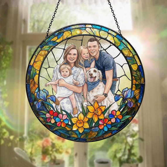 Custom Photo Suncatcher, Personalized Stained Glass Window Hanging, Family Portrait Gift, Photo to Glass Art, Unique Picture Keepsake