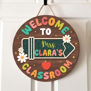Colgador de puerta personalizado para profesor, letrero para puerta de profesor, decoración para aula, letrero con nombre de profesor personalizado, letrero de bienvenida para aula, letrero floral de madera