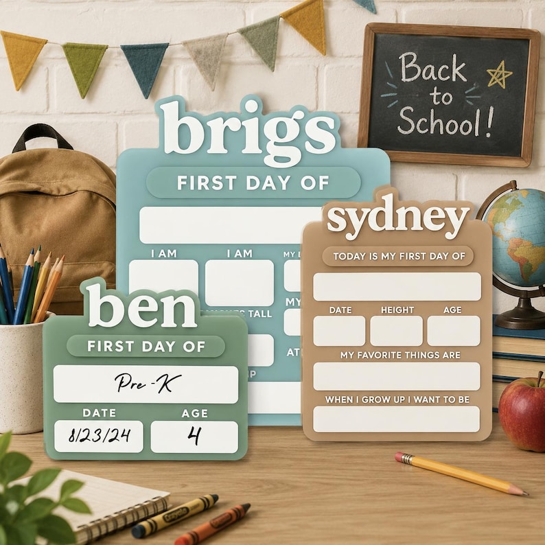 May include: Three custom acrylic school milestone signs in sage green, light blue, and tan. The signs feature white raised lettering with names 'ben', 'brigs', and 'sydney', and blank fields for date, age, height, and interests. The 'ben' sign shows 'Pre-K', '8/23/24', and '4'.