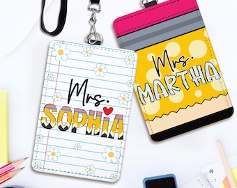 Personalized Teacher Back To School Gift, Custom Teacher Leather ID Card Holder, Custom Teacher Lanyard Accessories, Teacher School Supplies