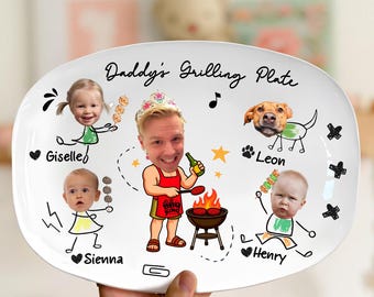 Personalized Face Grilling Platter, Custom Daddy's Grilling Plate with Kids' Names, Father's Day Gift, Funny Gift for Dad, Birthday Gift