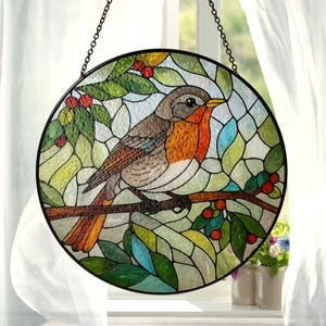 Robin Bird Stained Glass Suncatcher, Michigan Bird Flower Natural Art, Anniversary Gift Birthday Gift For Mom Grandma Gardening Lover Gift