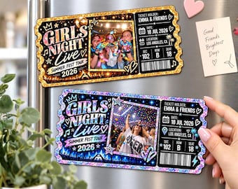 May include: Two rectangular magnets shaped like concert tickets. The top magnet has a gold glitter border, and the bottom has a blue and purple glitter border. Both feature the text Girls Night Live Summer Fest Tour 2026, a photo of people at a concert, and ticket details including date 18 Jul 2026, location Los Angeles, CA, and seat information.