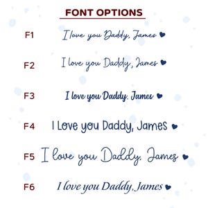 Peut inclure: Image pr&eacute;sentant six options de polices pour la phrase "I love you Daddy, James", chacune avec un symbole de c&oelig;ur. Les polices, &eacute;tiquet&eacute;es F1 &agrave; F6, varient en style, de l'&eacute;criture cursive au sans-serif, sur fond blanc avec des &eacute;claboussures bleues.