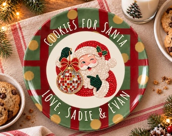 Personalized Cookies for Santa Plate, Custom Christmas Eve Tray, Retro Santa Claus Dish, Milk and Cookies Platter, Kids Holiday Tradition
