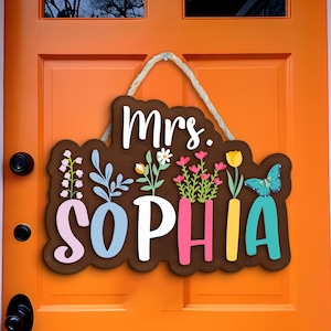 Letrero para puerta de maestro con diseño floral 3D personalizado, colgador para puerta de aula, obsequios de agradecimiento para maestros, letrero de regreso a la escuela, letrero para puerta con nombre de bienvenida