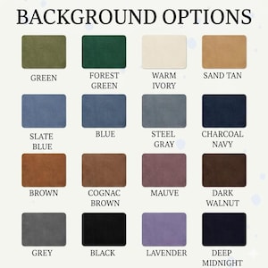 Peut inclure: Image pr&eacute;sentant diverses options de couleurs de fond. Le texte "BACKGROUND OPTIONS" est en haut. Les couleurs incluent le vert, le bleu, le marron, le gris, le noir, etc. Chaque couleur est &eacute;tiquet&eacute;e avec son nom, comme "Vert for&ecirc;t" et "Minuit profond".