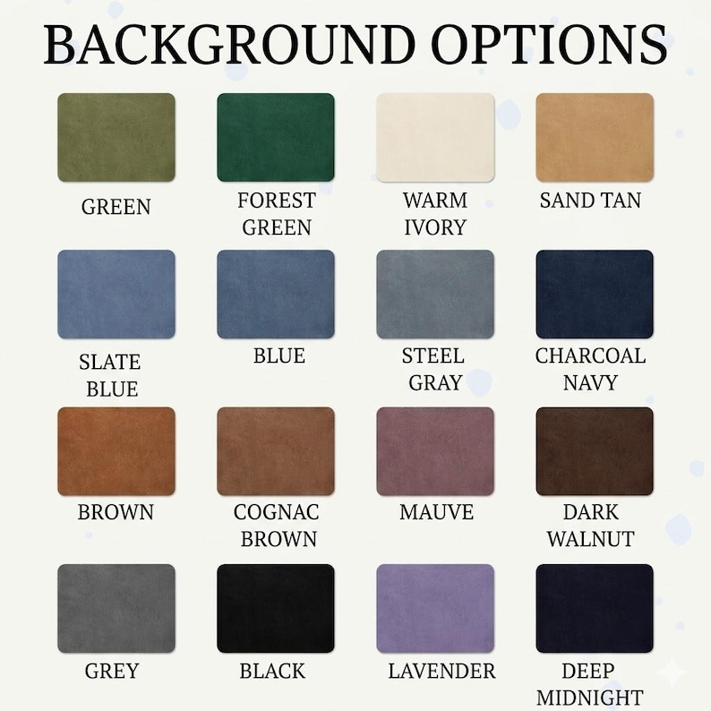 Peut inclure: Image pr&eacute;sentant diverses options de couleurs de fond. Le texte "BACKGROUND OPTIONS" est en haut. Les couleurs incluent le vert, le bleu, le marron, le gris, le noir, etc. Chaque couleur est &eacute;tiquet&eacute;e avec son nom, comme "Vert for&ecirc;t" et "Minuit profond".