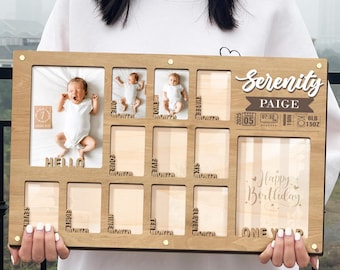 Baby First Year Picture Frame, Personalized Baby Photo Collage, Monthly Milestone Frame, Newborn Memory Keepsake, Baby Shower Gift, Birthday