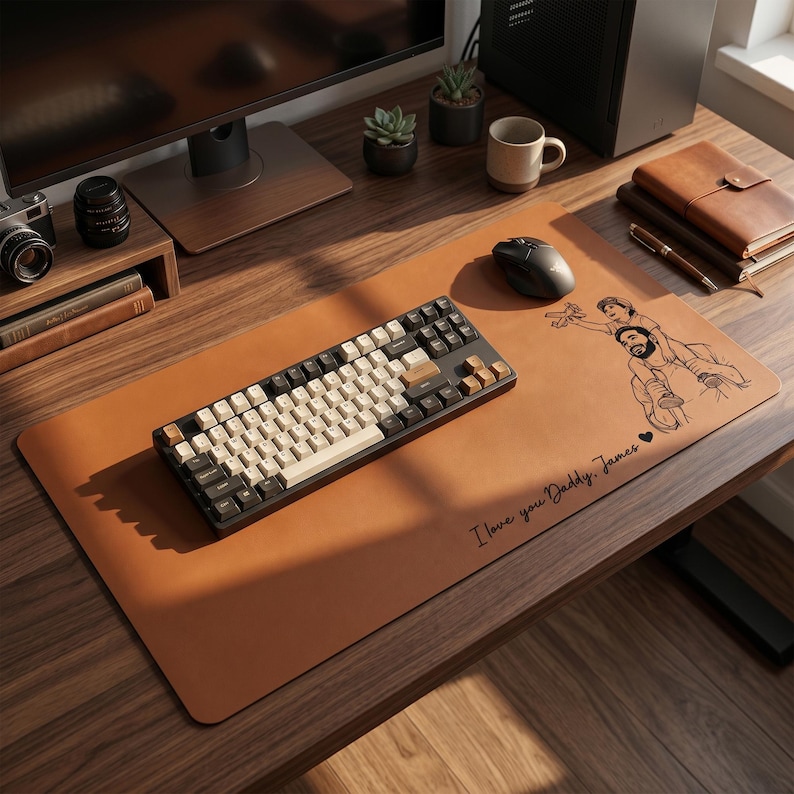 Peut inclure: Un tapis de bureau en cuir marron avec un clavier noir et blanc, une souris et un dessin d'un p&egrave;re et d'un enfant. Le texte "I love you Daddy James" est imprim&eacute; sur le tapis.