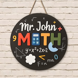 Letrero de puerta personalizado para profesor de matemáticas, regreso a clases, regalo para profesor de matemáticas, colgador de puerta para aula, letrero 3D para profesor, letrero de bienvenida para aula
