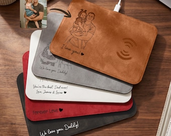 Tapis de charge sans fil avec croquis photo personnalisé, tapis de chargement rapide en cuir personnalisé, cadeau technique photo gravé pour décoration de bureau mari papa