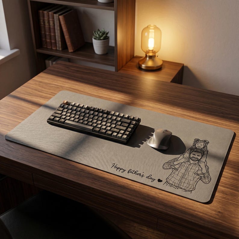 Peut inclure: Un tapis de bureau rectangulaire gris avec un clavier noir, une souris d'ordinateur et un dessin d'un p&egrave;re portant un enfant. Le texte "Happy father's day" est imprim&eacute; sur le tapis.