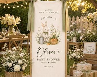 Custom Bunny Baby Shower Sign, Personalized Rabbit Fabric Backdrop Banner
