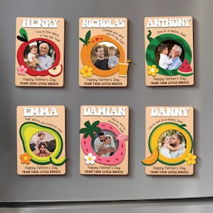 Ímã de foto personalizado para o Dia dos Pais – Moldura de frutas personalizada para presente para pai, avô ou pai, lembrança de foto infantil fofa para geladeira