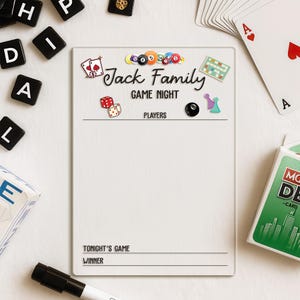 Personalized Game Night Score Tracker, Dry Erase Score Card, Family Game Night Gift, Custom Score Sheet, Gift for Dad, Gift for Him