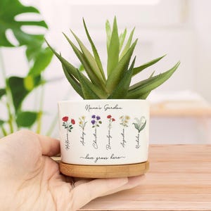 May include: White ceramic planter with a wooden base. The planter features a floral design with the text "Nana's Garden" and "love grows here". The planter is filled with a green succulent plant.