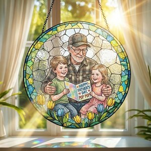 May include: A round stained glass window depicts a grandfather with two grandchildren. The image reads "Happy Father's Day, Pop Pop." The window is framed with a colorful floral border and hangs in front of a window.