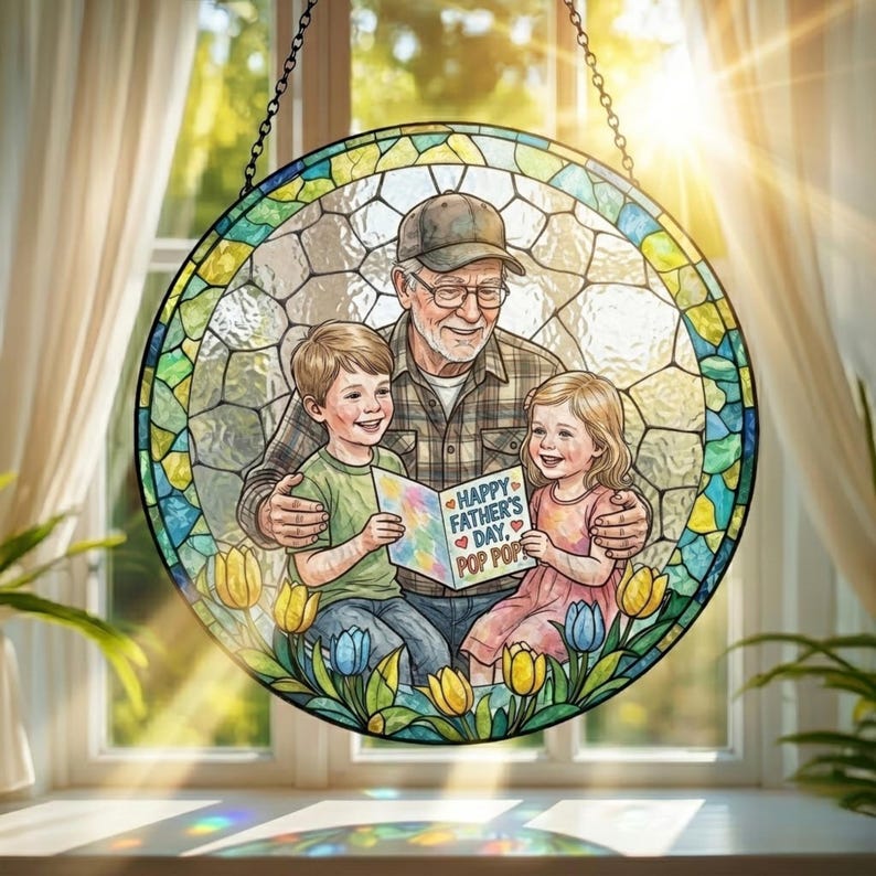 May include: A round stained glass window depicts a grandfather with two grandchildren. The image reads "Happy Father's Day, Pop Pop." The window is framed with a colorful floral border and hangs in front of a window.