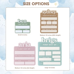May include: Four rectangular milestone boards in sage green, tan, dusty pink, and teal. Each board features custom names like ben, sydney, aria, and brigs, with text fields for dates, age, and height. Sizes are labeled as 6, 10, and 12 inches.