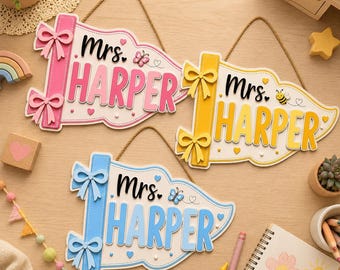 Personalized Wooden Teacher Pennant Flag Door Sign, Custom Teacher Name Sign, Classroom Welcome Decor, Back To School Teacher Gift
