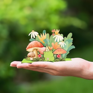 Cartão de aniversário de sapo personalizado – Cartão de animal fofo Cottagecore, sapos felizes com cogumelos, presente de caixa de correio exclusivo, alternativa de brinquedo de mesa pop-up faça você mesmo