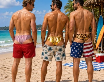 Roliga badbyxor för män, fejkunderkläder, nyhetstrandshorts, skämtpresent till män, snabbtorkande badkläder för poolparty