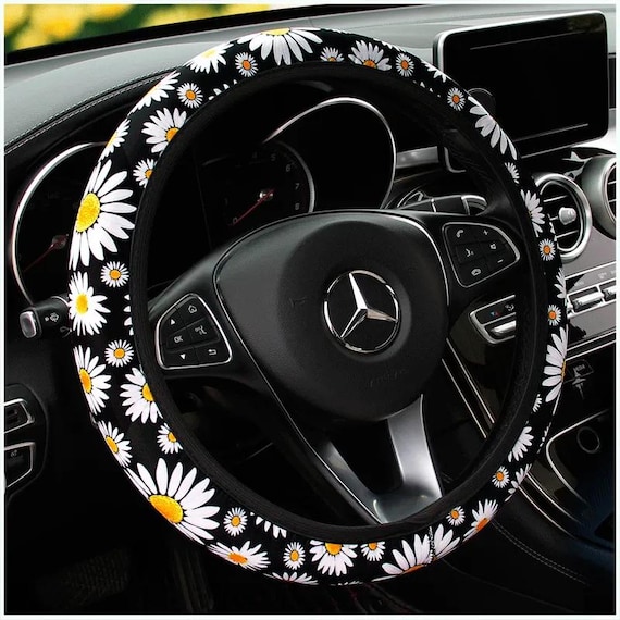Daisy Flower Car Steering Wheel Cover | Carbon Fiber PU Leather | Anti-Slip Breathable Universal Fit for Car