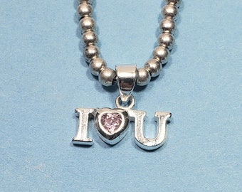 I love you necklace sterling silver pink gemstone vintage jewelry