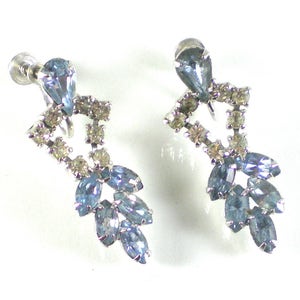 Bridal Earrings , Blue Clear Rhinestone Vintage Prong Set Screw Back Silver Dangle Earrings
