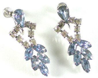 Bridal Earrings , Blue Clear Rhinestone Vintage Prong Set Screw Back Silver Dangle Earrings