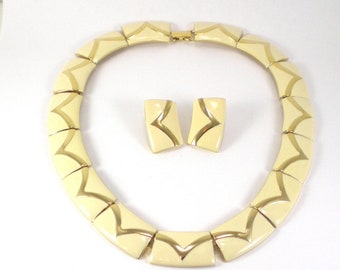 Enamel Necklace Earrings Set - Vintage Gold Cream Enamel Choker