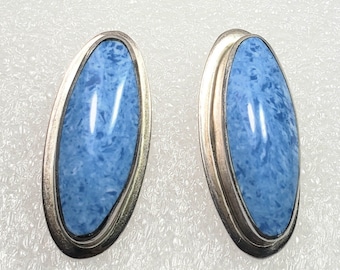 Large sterling silver blue sodalite oval pierced earrings  AT 925 Mexico vintage jewelry