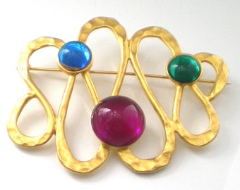 Abstract Gold Brooch Pin , Large Gold Matte , Pin With Green Blue Purple Lucite Cabochons , Vintage Jewelry