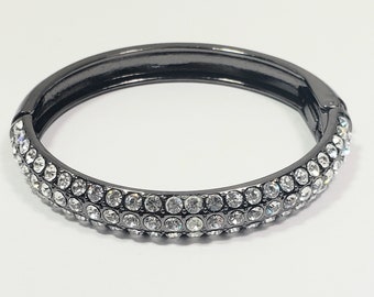 Vintage  black metal clear rhinestone hinged bracelet bangle