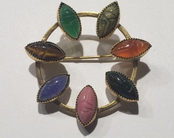 Atamore gold filed scarab gemstone round brooch pin vintage jewelry
