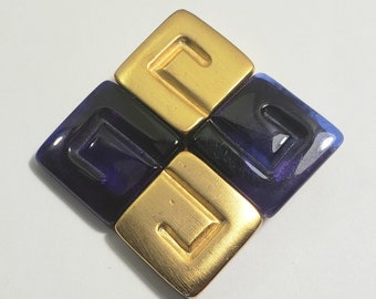 Vintage Givenchy brushed 18K Gold Plated and blue lucite 1980s brooch pin Please look all the pictures