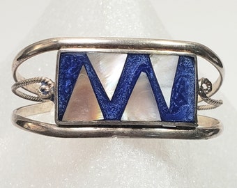 Bracelet manchette en argent lapis lazuli nacre alpaga bijoux vintage