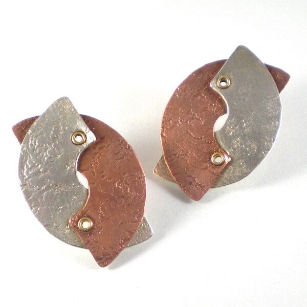 Love Knot Silver Copper Brass Mod Pierced Earrings , Modernist Vintage Jewelry