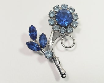 Vintage rhinestone flower brooch pin silver and two tone blue prong set rhinestones